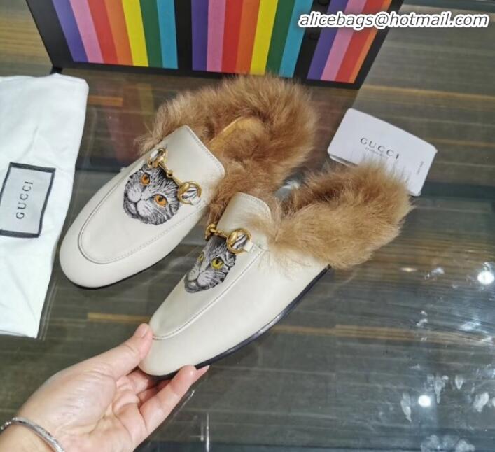 Affordable Price Gucci Princetown Calfskin Wool Slipper with Mystic Cat Print G91138 White