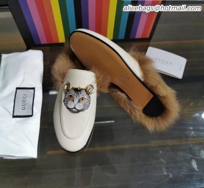 Affordable Price Gucci Princetown Calfskin Wool Slipper with Mystic Cat Print G91138 White