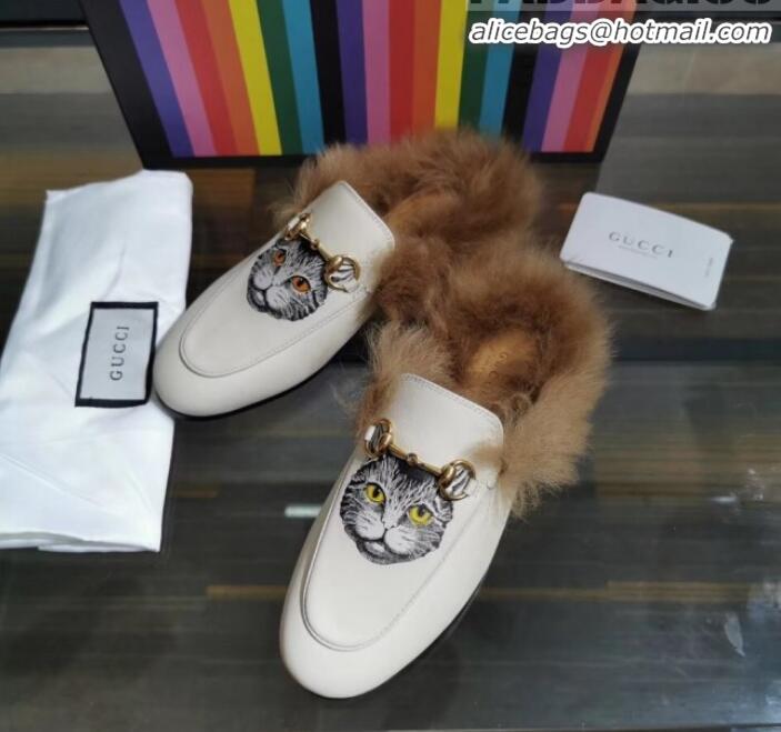 Affordable Price Gucci Princetown Calfskin Wool Slipper with Mystic Cat Print G91138 White