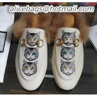 Top Quality Gucci Princetown Calfskin Wool Slipper with Mystic Cats G91139 White