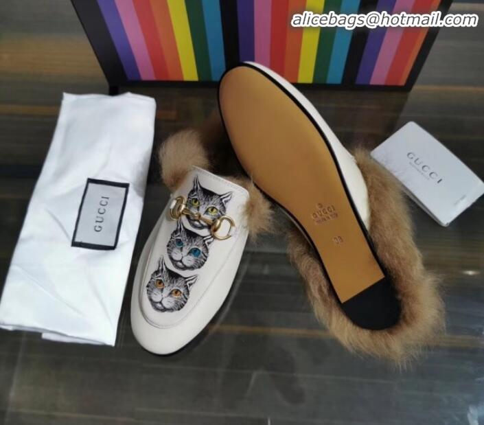 Top Quality Gucci Princetown Calfskin Wool Slipper with Mystic Cats G91139 White