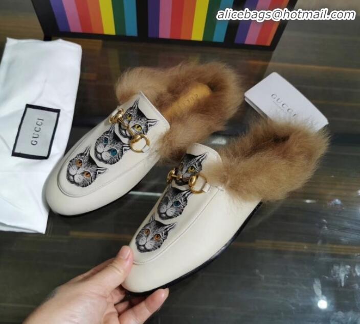 Top Quality Gucci Princetown Calfskin Wool Slipper with Mystic Cats G91139 White