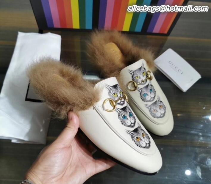 Top Quality Gucci Princetown Calfskin Wool Slipper with Mystic Cats G91139 White