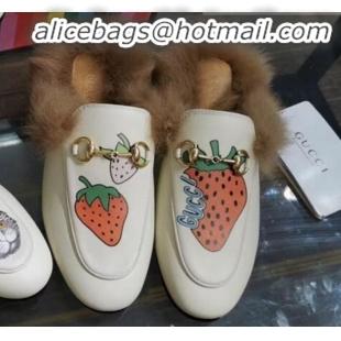 Low Cost Gucci Princetown Calfskin Wool Slipper with Gucci Strawberry Print G91140 White