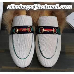 Shop Gucci Princetown Canvas Wool Slipper G91141 White/Green