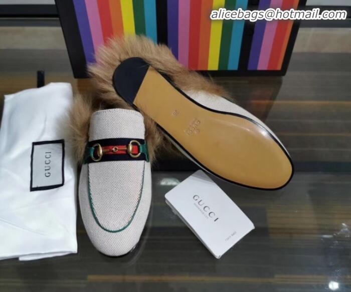 Shop Gucci Princetown Canvas Wool Slipper G91141 White/Green