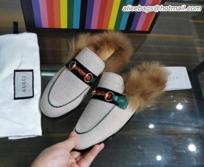 Shop Gucci Princetown Canvas Wool Slipper G91141 White/Green