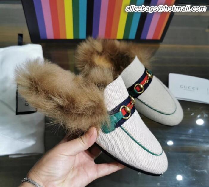 Shop Gucci Princetown Canvas Wool Slipper G91141 White/Green