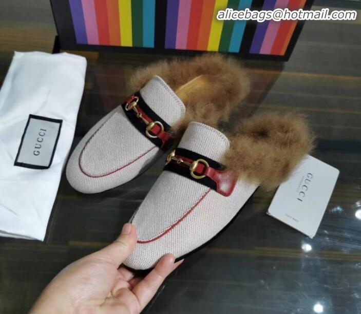 Perfect Gucci Princetown Canvas Wool Slipper G91141 White/Red