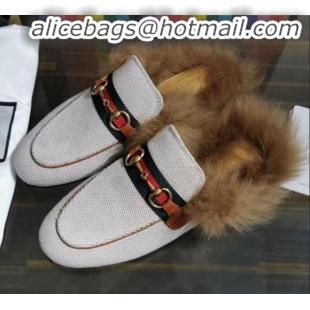 Cheap Design Gucci Princetown Canvas Wool Slipper G91141 White/Brown