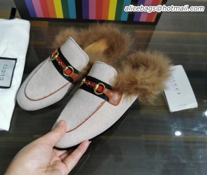 Cheap Design Gucci Princetown Canvas Wool Slipper G91141 White/Brown