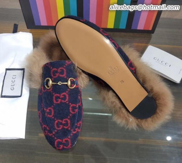 Unique Grade Gucci Princetown GG Woollen Cloth Wool Slipper G91141 Blue