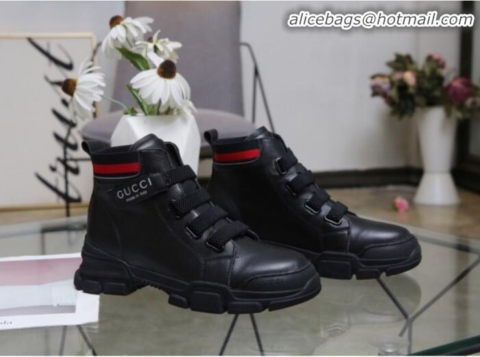 Practical Gucci Web Calfskin Short Sneaker Boots G92001 Black 