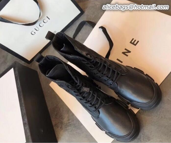 Stylish Gucci GG Canvas and Calfskin Lace-up Flat Short Boots G92316 Black