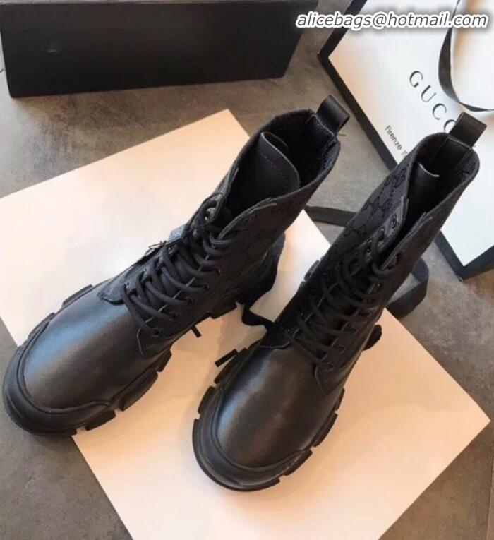 Stylish Gucci GG Canvas and Calfskin Lace-up Flat Short Boots G92316 Black