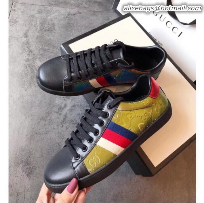 Shop Duplicate Gucci Ace Rainbow GG Leather Sneakers G01509 Blue