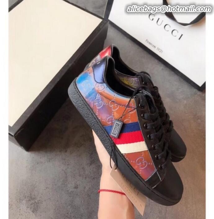 Shop Duplicate Gucci Ace Rainbow GG Leather Sneakers G01509 Blue