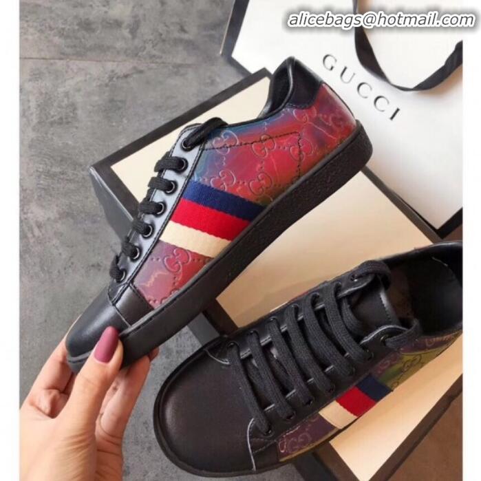 Shop Duplicate Gucci Ace Rainbow GG Leather Sneakers G01509 Blue