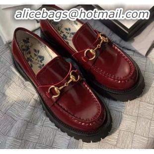 Classic Practical Gucci Leather Horsebit Lug Sole Loafers G01539 Burgundy