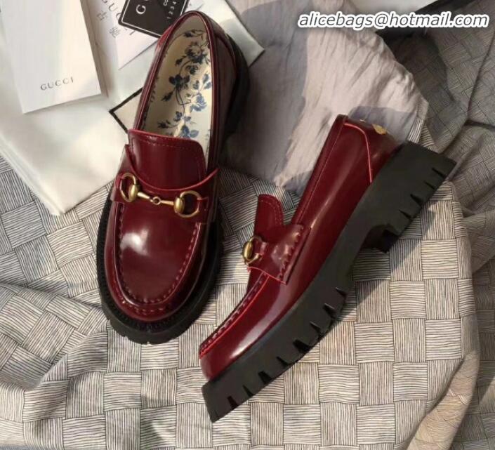 Classic Practical Gucci Leather Horsebit Lug Sole Loafers G01539 Burgundy