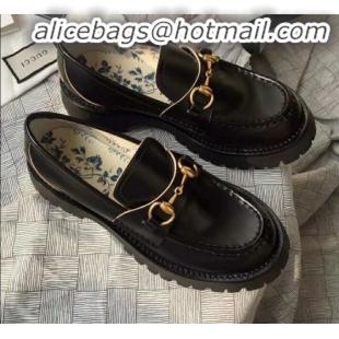 Best Price Gucci Leather Horsebit Lug Sole Loafers G01539 Black