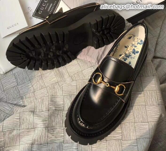 Best Price Gucci Leather Horsebit Lug Sole Loafers G01539 Black