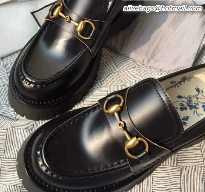 Best Price Gucci Leather Horsebit Lug Sole Loafers G01539 Black