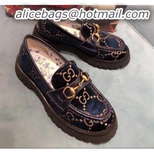 Purchase Gucci GG Velvet Horsebit Lug Sole Loafers 583346 Blue