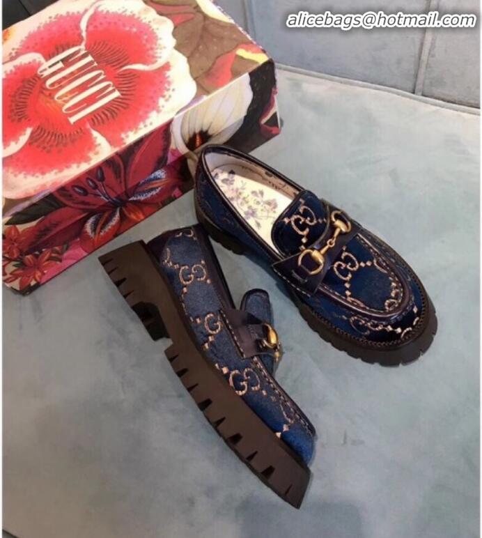 Purchase Gucci GG Velvet Horsebit Lug Sole Loafers 583346 Blue