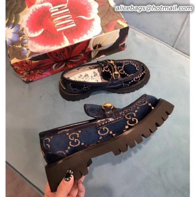 Purchase Gucci GG Velvet Horsebit Lug Sole Loafers 583346 Blue