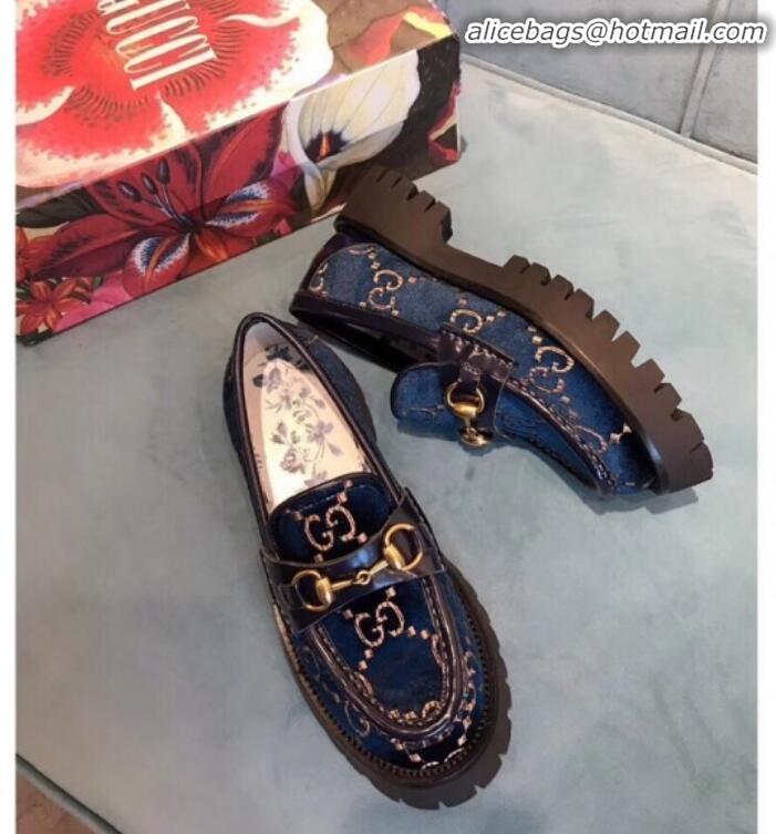 Purchase Gucci GG Velvet Horsebit Lug Sole Loafers 583346 Blue