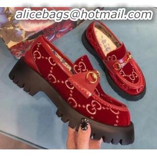 Good Quality Gucci GG Velvet Horsebit Lug Sole Loafers 583346 Red