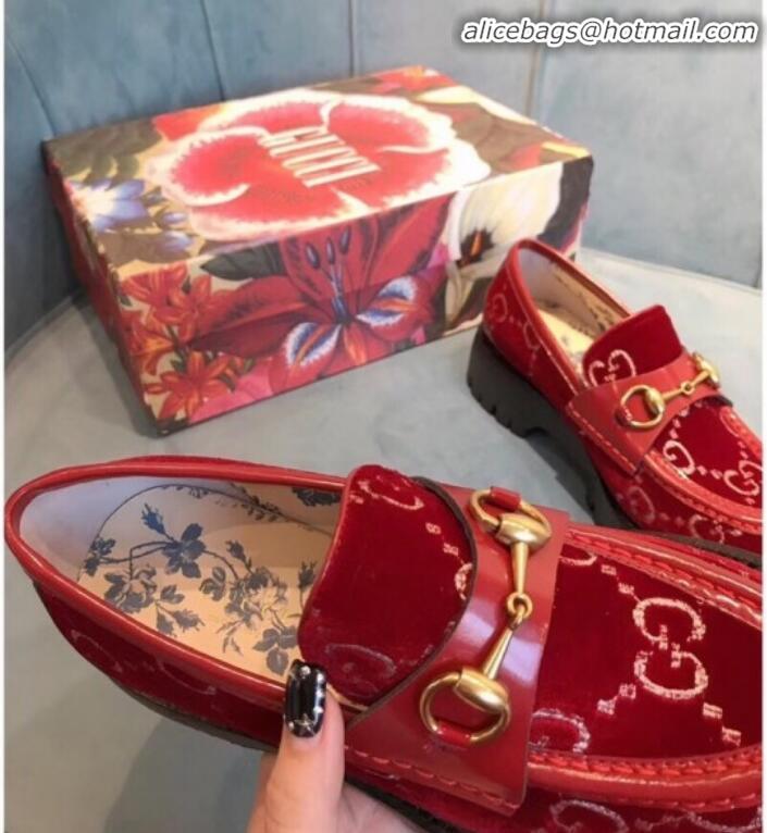 Good Quality Gucci GG Velvet Horsebit Lug Sole Loafers 583346 Red