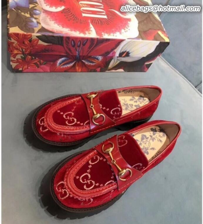 Good Quality Gucci GG Velvet Horsebit Lug Sole Loafers 583346 Red