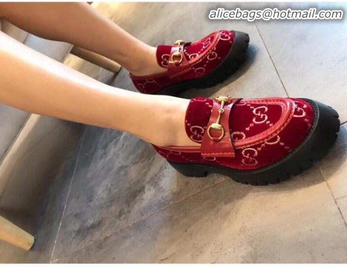 Good Quality Gucci GG Velvet Horsebit Lug Sole Loafers 583346 Red