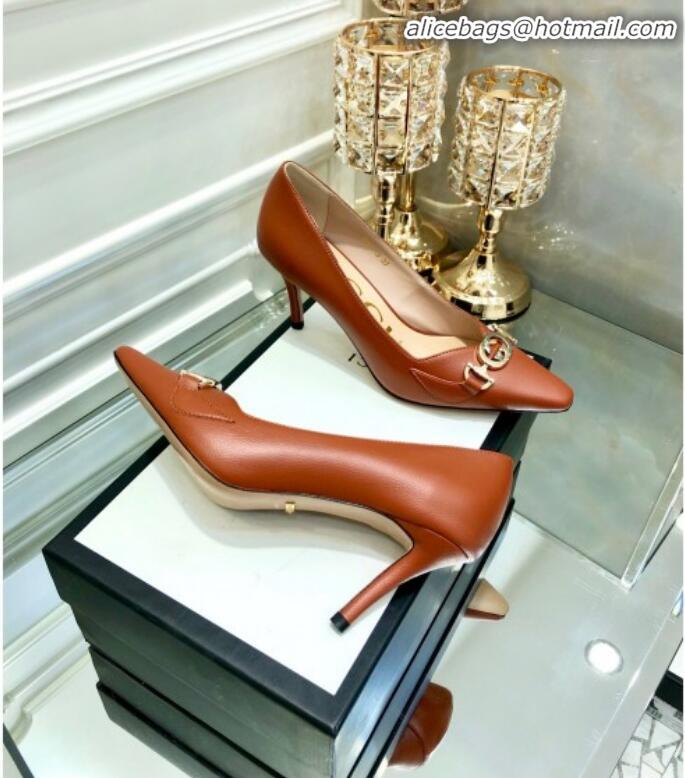 Top Design Gucci Zumi G Horsebit Mid-heel Leather Pump 596860 Brown