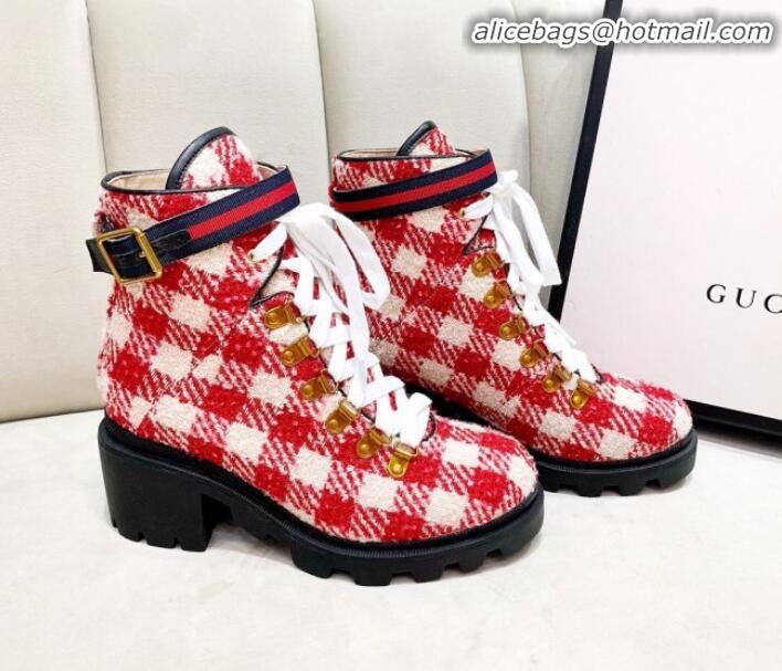 Discount Gucci Check Tweed Ankle Short Boot 578585 Red/White