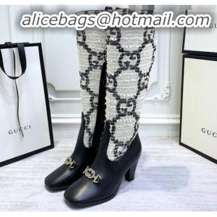 Top Grade Gucci Zumi Horsebit GG Tweed Mid-Heel Knee High Boot 577652 White