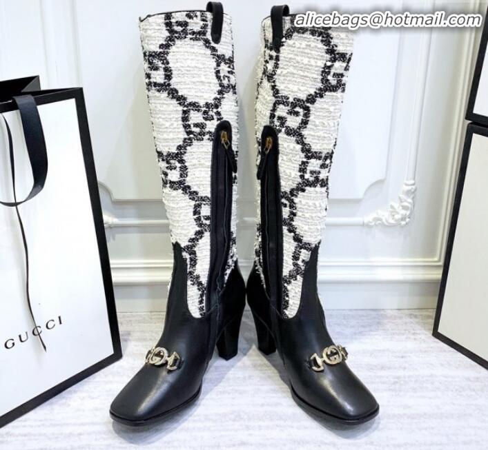 Top Grade Gucci Zumi Horsebit GG Tweed Mid-Heel Knee High Boot 577652 White