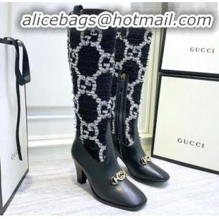 Shop Duplicate Gucci Zumi Horsebit GG Tweed Mid-Heel Knee High Boot 577652 Black