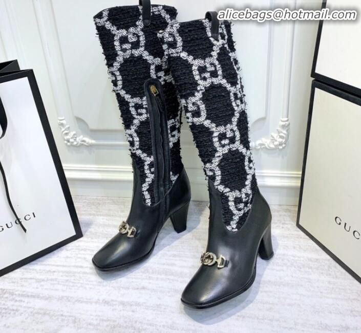 Shop Duplicate Gucci Zumi Horsebit GG Tweed Mid-Heel Knee High Boot 577652 Black