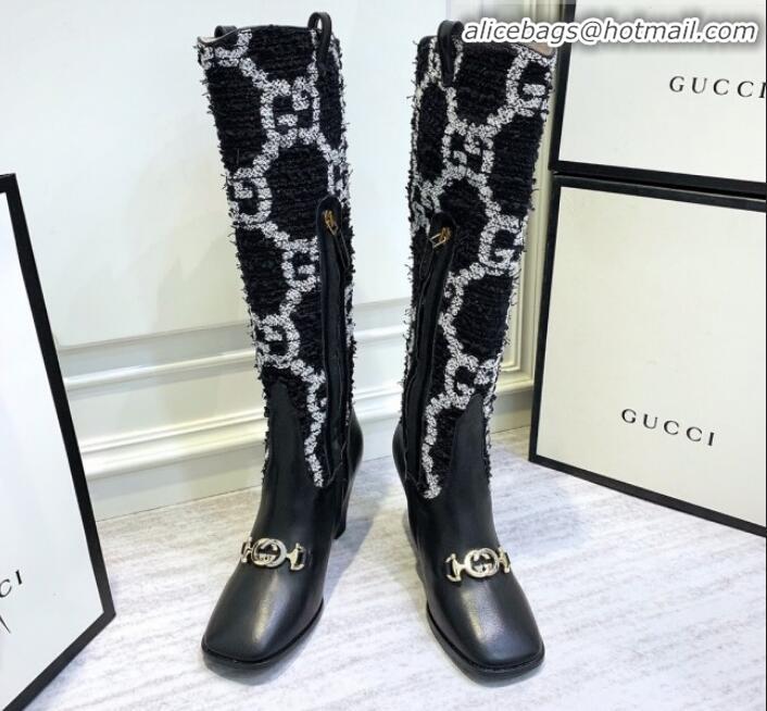 Shop Duplicate Gucci Zumi Horsebit GG Tweed Mid-Heel Knee High Boot 577652 Black