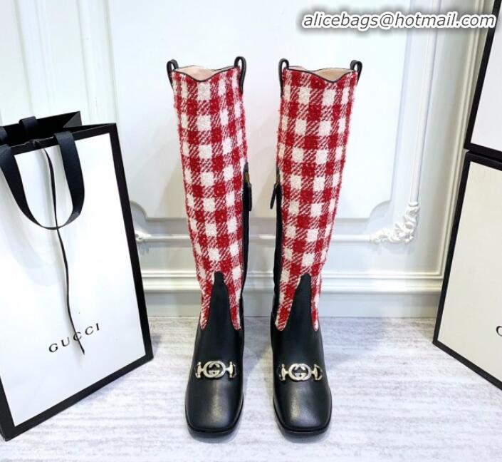 Most Popular Gucci Zumi Horsebit GG Tweed Mid-Heel Knee High Boot 577652 Red