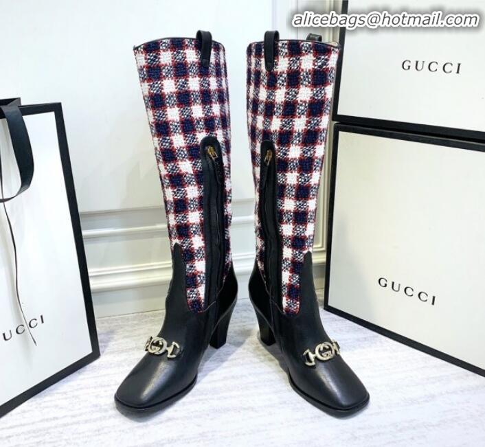 Low Price Gucci Zumi Horsebit GG Tweed Mid-Heel Knee High Boot 577652 Blue