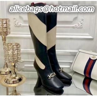 Pretty Style Gucci Zumi Horsebit Diagonal Stripe Mid-Heel Knee High Boot 575840 Black/Beige