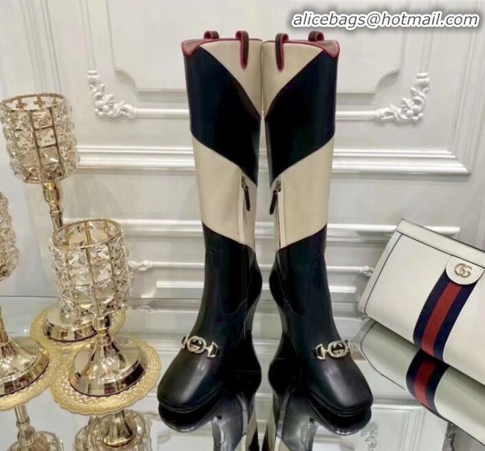 Pretty Style Gucci Zumi Horsebit Diagonal Stripe Mid-Heel Knee High Boot 575840 Black/Beige