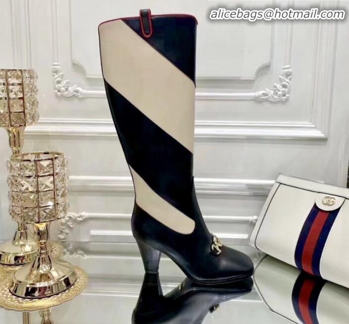 Pretty Style Gucci Zumi Horsebit Diagonal Stripe Mid-Heel Knee High Boot 575840 Black/Beige