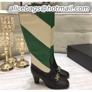 Best Luxury Gucci Zumi Horsebit Diagonal Stripe Mid-Heel Knee High Boot 575840 Green/Beige