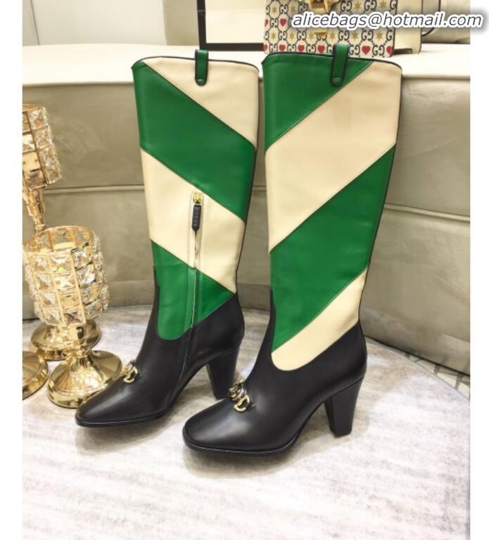 Best Luxury Gucci Zumi Horsebit Diagonal Stripe Mid-Heel Knee High Boot 575840 Green/Beige