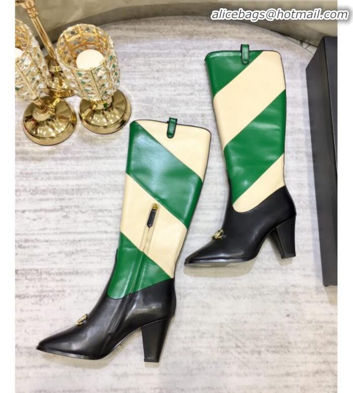 Best Luxury Gucci Zumi Horsebit Diagonal Stripe Mid-Heel Knee High Boot 575840 Green/Beige